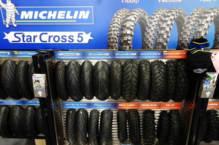 exhibiting motorcycle tires from Michelin at Super Show Expo