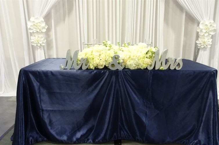 Mr,&Mrs, sign with flowers on the desk for the wedding event