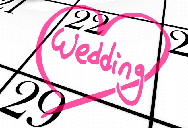 Wedding date circled with a heart on a calendar. 