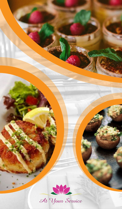 At Your Service catering menu with dessert options, mushroom poppers, and other appetizers.