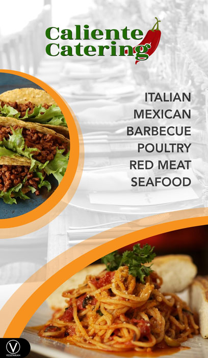 Caliente catering menu with food images of tacos and spaghetti along with italian, mexican, barbecue, poultry, red meat, and seafood options