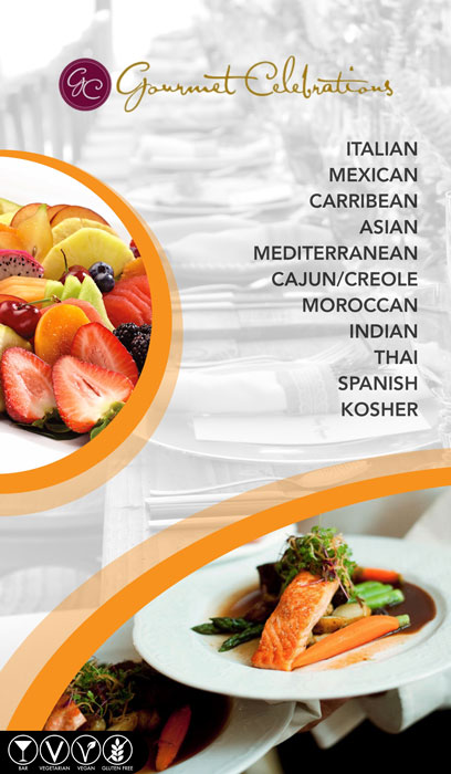 gourmet celebrations menu food options with fruit, salmon, italian, mexican, carribean, asian, mediterranean, cajun/creole, moroccan, indian, thai, spanish, and kosher food