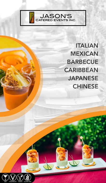 Jason's catered events with different food options such as italian, mexican, barbecue, carribbean, japanese, and chinese