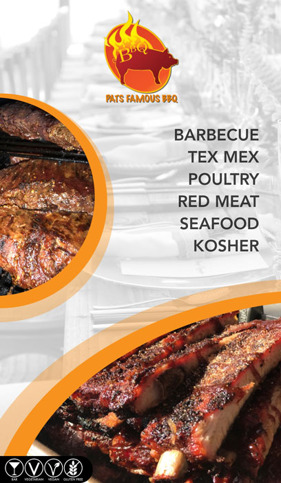 Pats famous bbq with barbecue, tex mex, poultry, red meat, seafood, and kosher options