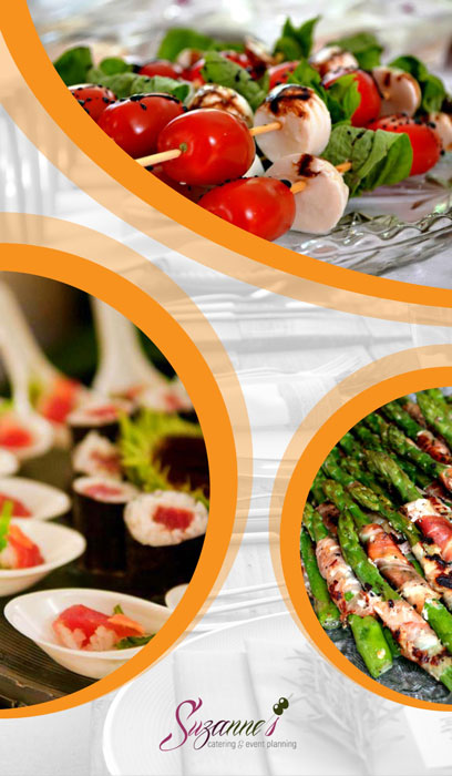 suzannes catering event planning with food options of asparagus and sushi