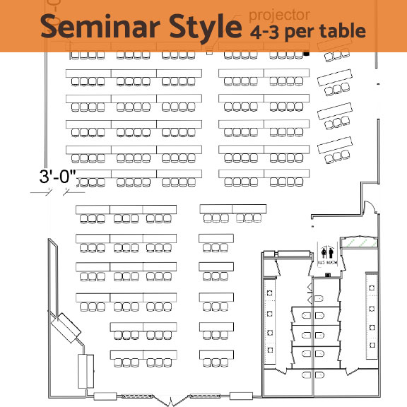 Seminar style room set up/ floor plan with 3-4 seats per table