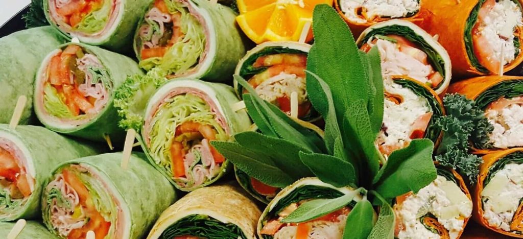 Wraps are light and refreshing catering dishes. They are prized at business conferences for their convenience and healthy reputation.