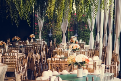 Vintage style dining tables accommodated for an orange county event venue